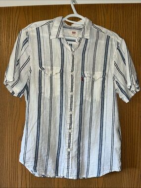 Levi's Men’s Short-Sleeve White Shirt with Blue Vertical Stripes